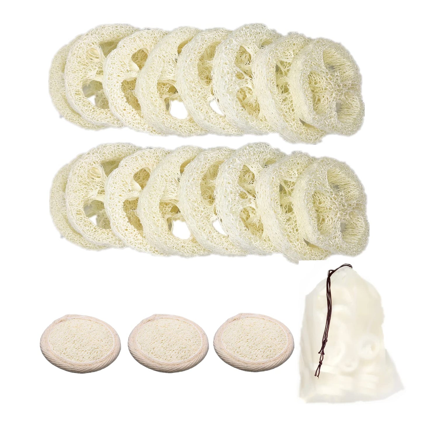 50Pcs Natural Loofah Slice of 1.96inch, Reusable Natural Loofah Cuts for Cleaner Sponge Scrubber, Facial Soap Holder and DIY Customize Soap Tools, with 3Pcs Exfoliating Loofah Pad and 1 Storage Bag