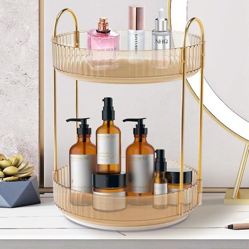 Zufudo Rotating Makeup Organizer 2 Tier Lazy Susan Trays Skincare Perfume Organizer for Bathroom Counter Vanity, Amber Gold