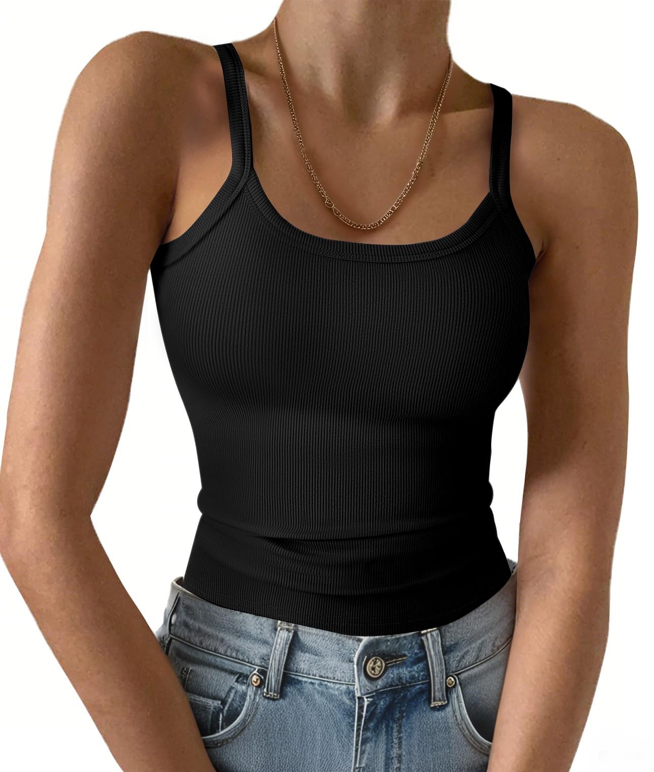 GKBK Womens Tank Tops Spaghetti Straps Scoop Neck Ribbed Tank Top for Women 2026 Slim Fitted Summer Casual Basic Tank Black XS