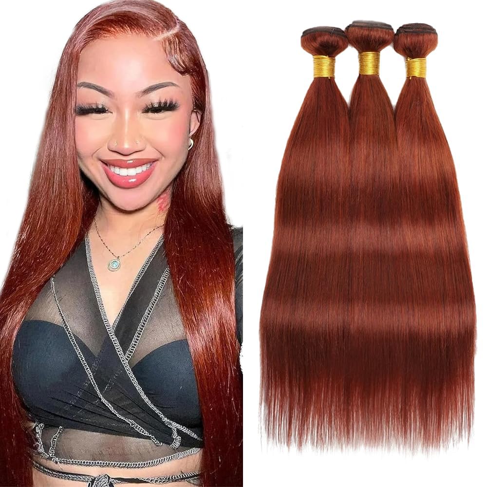 Color #33 Straight Bundles Human Hair Copper Red Human Hair Bundles 12 14 16 Inch 8A Peruvian Virgin Remy Hair 3 Bundles Reddish Brown Straight Bundles Hair Weave for Women