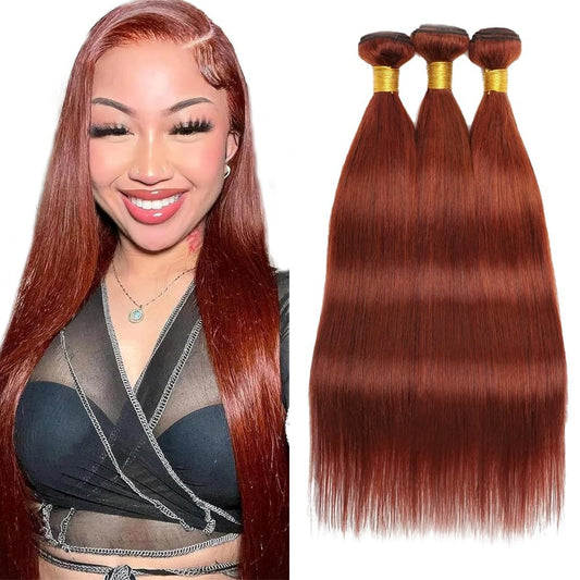 Color #33 Straight Bundles Human Hair Copper Red Human Hair Bundles 12 14 16 Inch 8A Peruvian Virgin Remy Hair 3 Bundles Reddish Brown Straight Bundles Hair Weave for Women