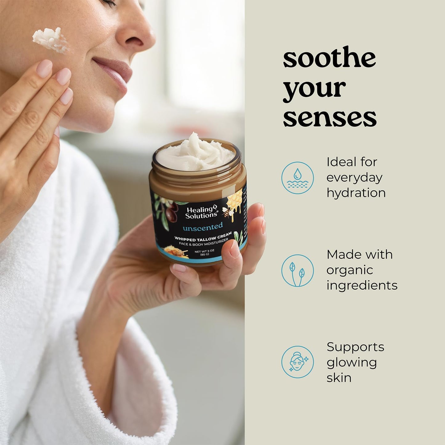 Healing Solutions - Whipped Tallow Balm, 100% Grass Fed/Grass Finished Beef Tallow with Organic Jojoba & Manuka Honey for Skin, Face & Body, All Natural Moisturizer Cream, Made in USA