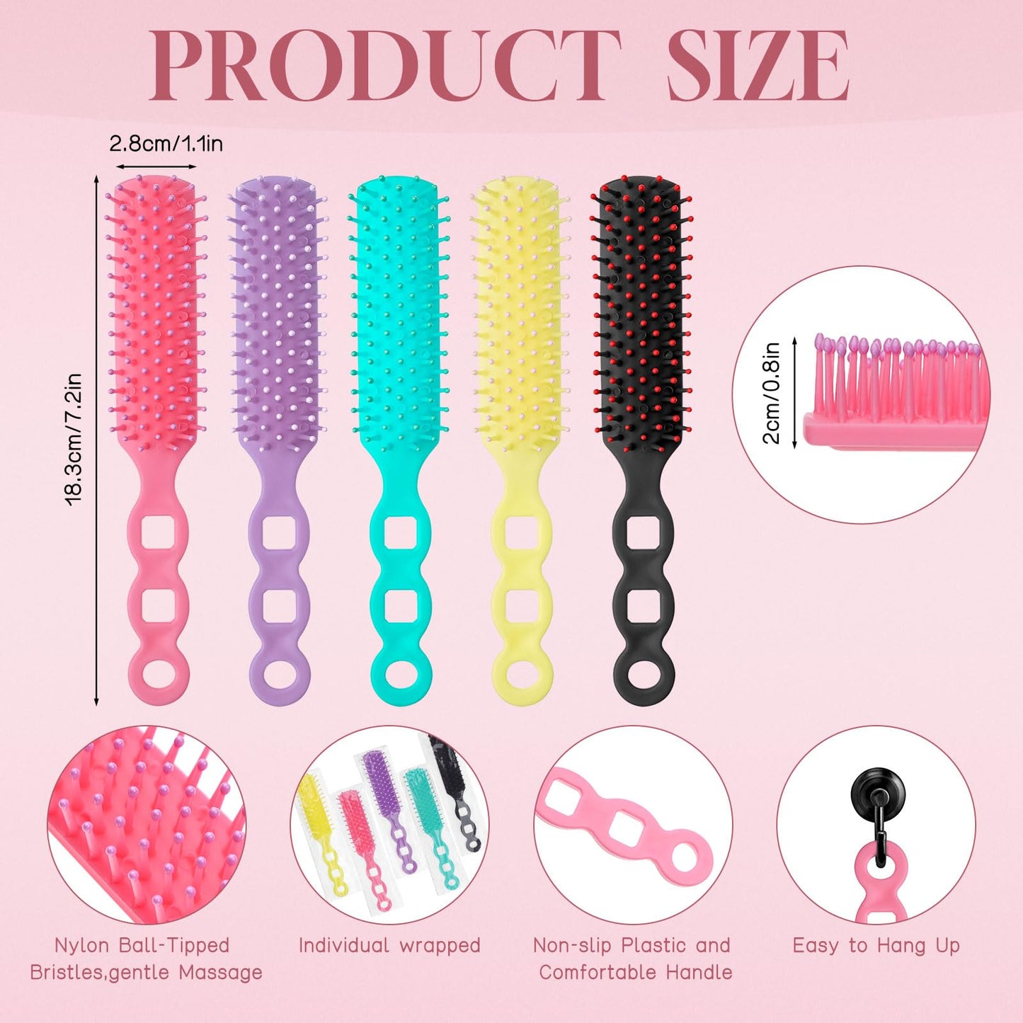 Hair Brushes in Bulk Individually Wrapped for Homeless,Plastic Hair Brush for Curly Wavy Hair,Detangling Hair Brush for Shelter Hotel Nursing Charity (yellow green purple pink black) (pack of 25)