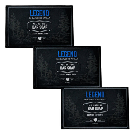 Live Bearded All-Natural Bar Soap for Men, 3-Pack of 5 oz - Made in the USA - Exfoliates and Moisturizes - Charcoal, Pumice, Shea Butter | Legend Scent - Sandalwood, Vanilla