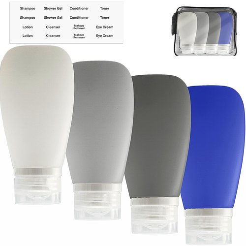 LYOB Travel Bottles for Toiletries, TSA Approved 3oz Leak Proof Silicone Refillable Squeeze Travel Size Containers BPA Free for Cleansers, Lotions, Shampoo, Conditioner 4pk With Bag(W,G,Blk,Bl)
