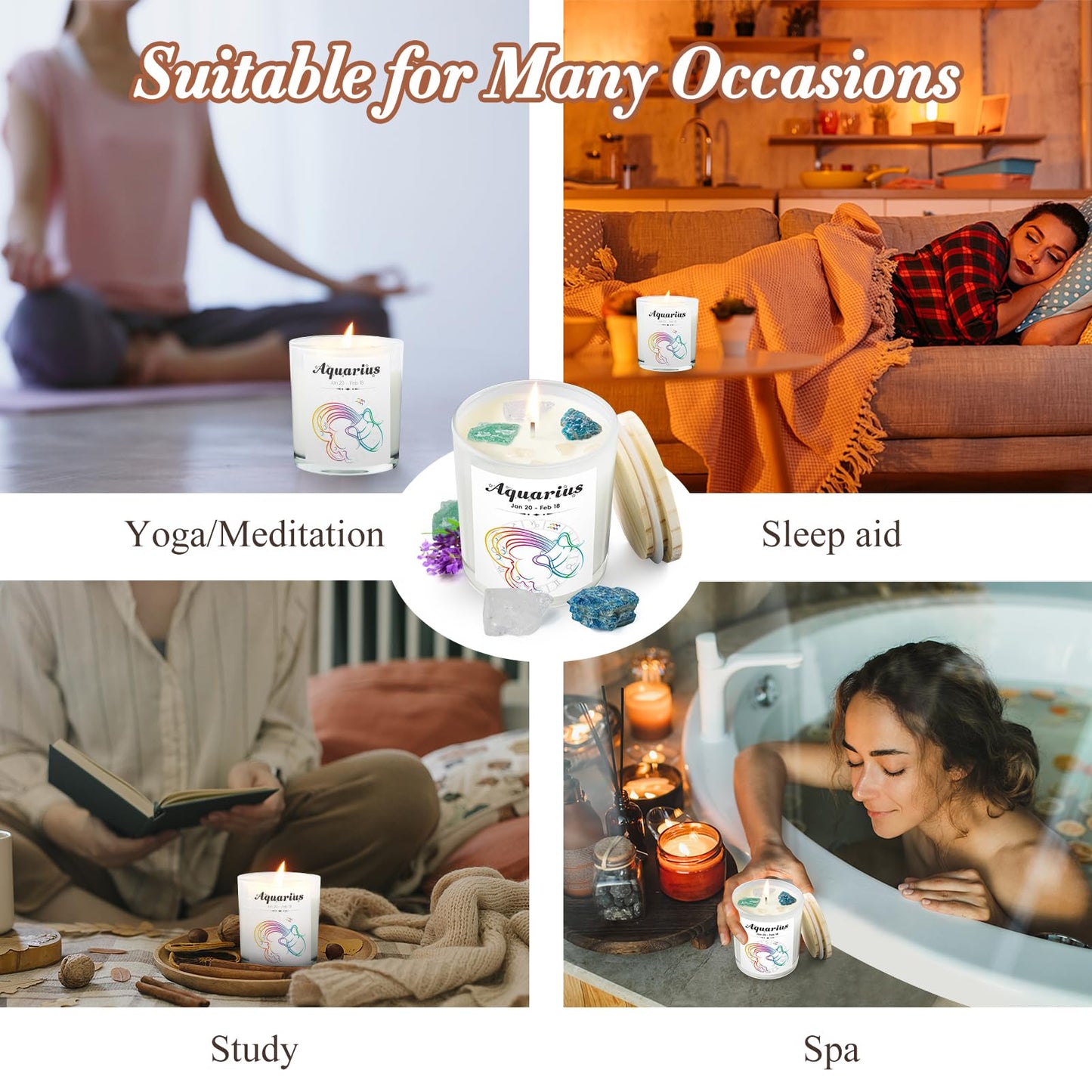 Aquarius Gifts for Women, Zodiac Aquarius Candle with Healing Crystals, Astrology Birthday Gifts for Women, Mom, Sister, Friends, Meditation, Yoga, Relaxation (7oz)