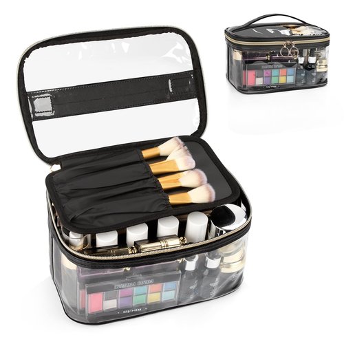 OCHEAL Makeup Bag, Clear Makeup Organizer Bag Portable Cosmetic Bag, Cute Transparent Makeup Case For Women and Girls traveling Storage with zipper Divider Brush Compartment-Black