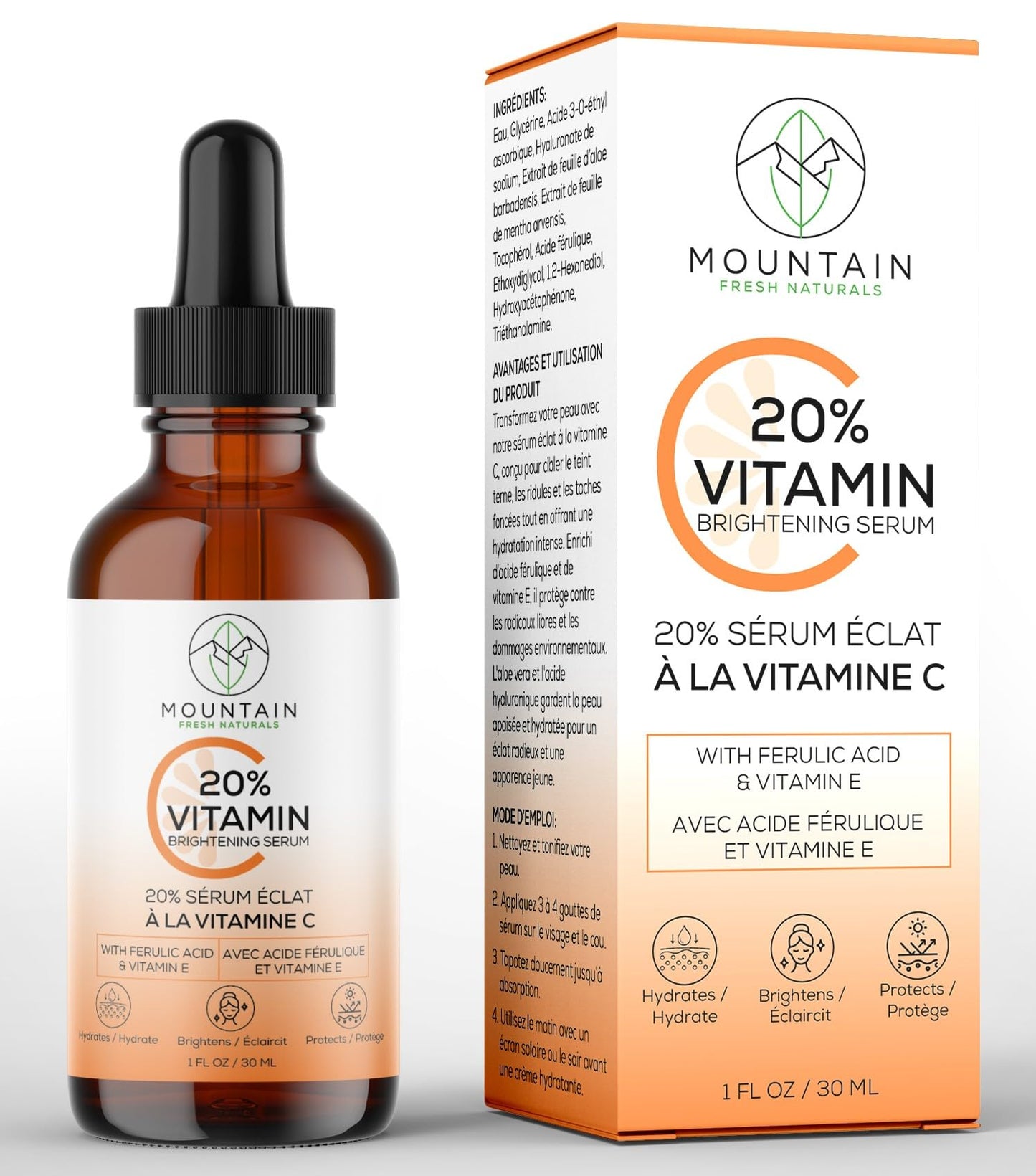 Mountain Fresh Naturals Vitamin C Serum – 20% 3-0-Ethyl Ascorbic Acid, Ferulic Acid & Vitamin E – Brightening, Hydrating, Anti-Aging Serum for Dark Spots, Uneven Skin Tone & Wrinkles – 30mL / 1 fl oz