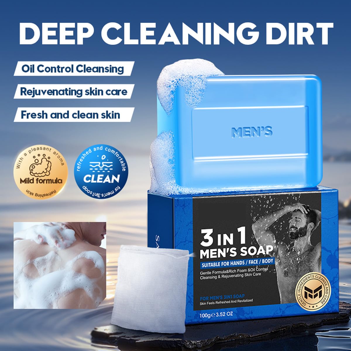 BEUKING 3 in 1 Bar Soap for Men, Bar Cleanser for Body, Face, and Shaving Extra, Gentle Body and Facial Cleanser Effectively Washes, Moisturizing Bar Soap to Clean and Hydrate Skin (3.53 oz, Blue)