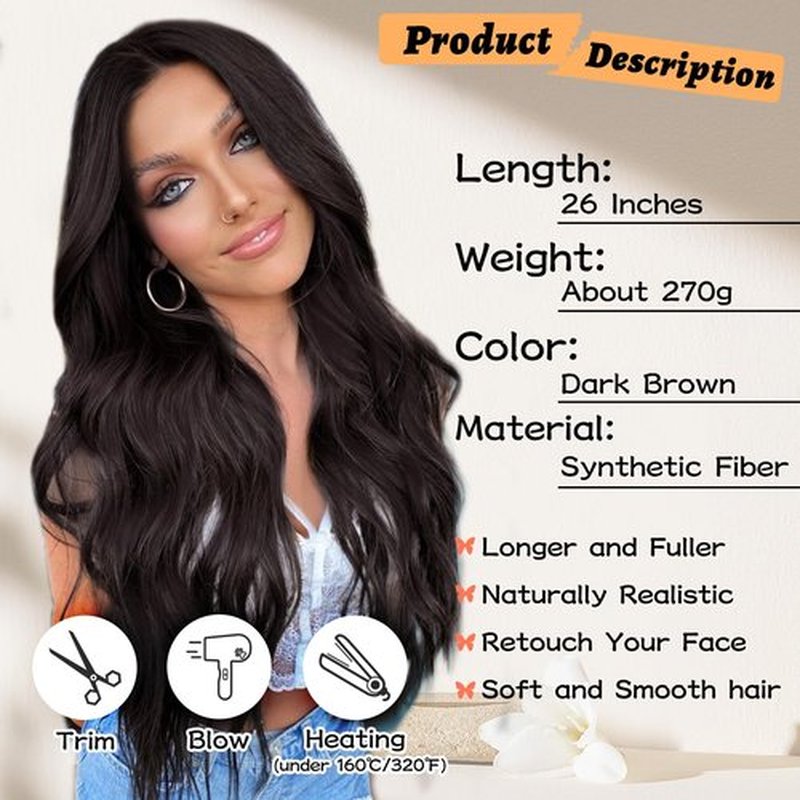 NAYOO Long Wavy Wigs for Women Dark Brown Middle Part Wig Synthetic Heat Resistant Fiber Women Wigs for Daily Party Use 26 Inch (Dark Brown)