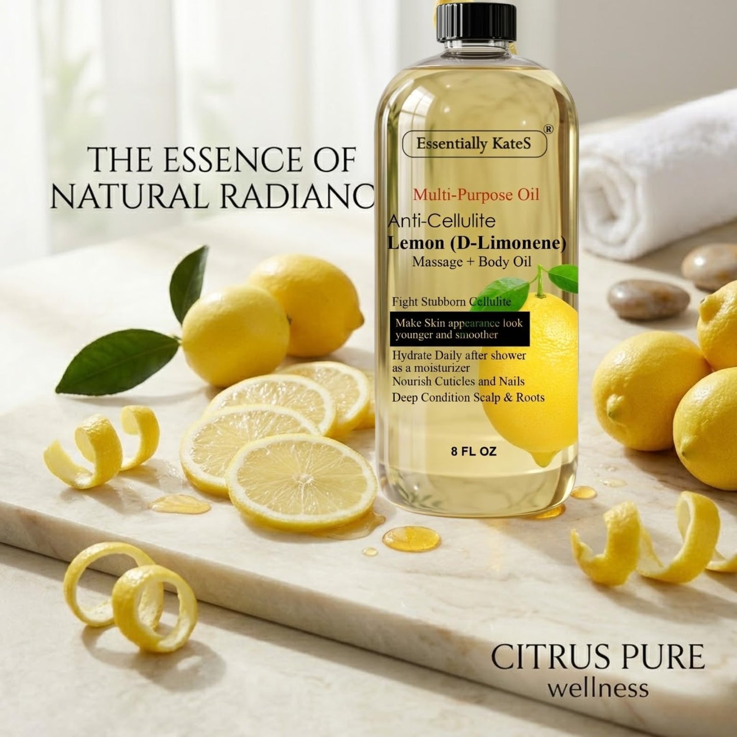 Essentially KateS Lemon (D-Limonene) Massage Lotion Body Oil Multi-Purpose Oil 8 Fl Oz - Cellulite Massage, After-Shower Moisturizer, Hair Scalp Conditioning, and Nail & Cuticles Nourishing
