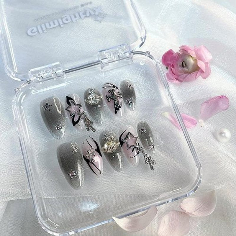 GlimightyX Luxury Handmade Gel Press On Nails Medium Almond, Y2K Dark Aesthetic Fake Stick Glue On Nails, Includes Nail Glue, Mini File, Cuticle Stick, Prep Pads,10 Fake Nails Size S, Punk Elegance