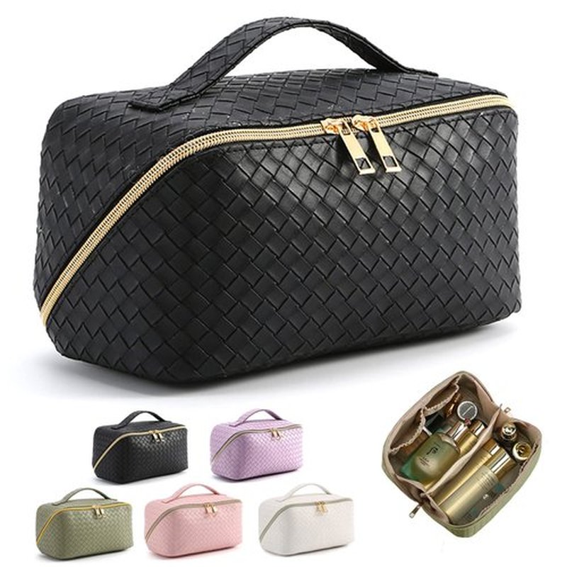 MINGRI Large Capacity Travel Cosmetic Bag for Women,Portable PU Leather Checkered Makeup Bag Water Resistant,Flat Open Multifunctional Storage Toiletry Bag with Divider and Handle (Woven-Black)