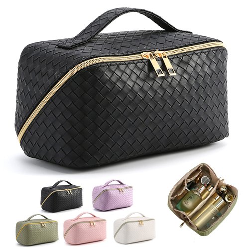 MINGRI Large Capacity Travel Cosmetic Bag for Women,Portable PU Leather Checkered Makeup Bag Water Resistant,Flat Open Multifunctional Storage Toiletry Bag with Divider and Handle (Woven-Black)