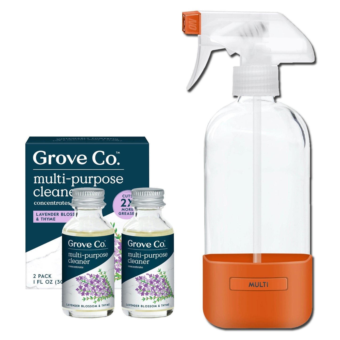 Grove Co. Multi-Purpose Cleaner, Refill Concentrate (2 x 1 Oz) + Glass Spray Bottle (16 Oz), Plant-based Household Cleaning Supplies Bundle, No Plastic Waste, Natural Lavender Blossom & Thyme Scent