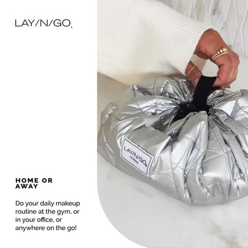 Lay-n-Go Cosmo Drawstring Cosmetic & Makeup Bag Organizer - Portable Drawstring Makeup Bag w/Zipper Pocket, Makeup Loops & More - Durable, Machine Washable Makeup Bag for Travel (22”, Black)