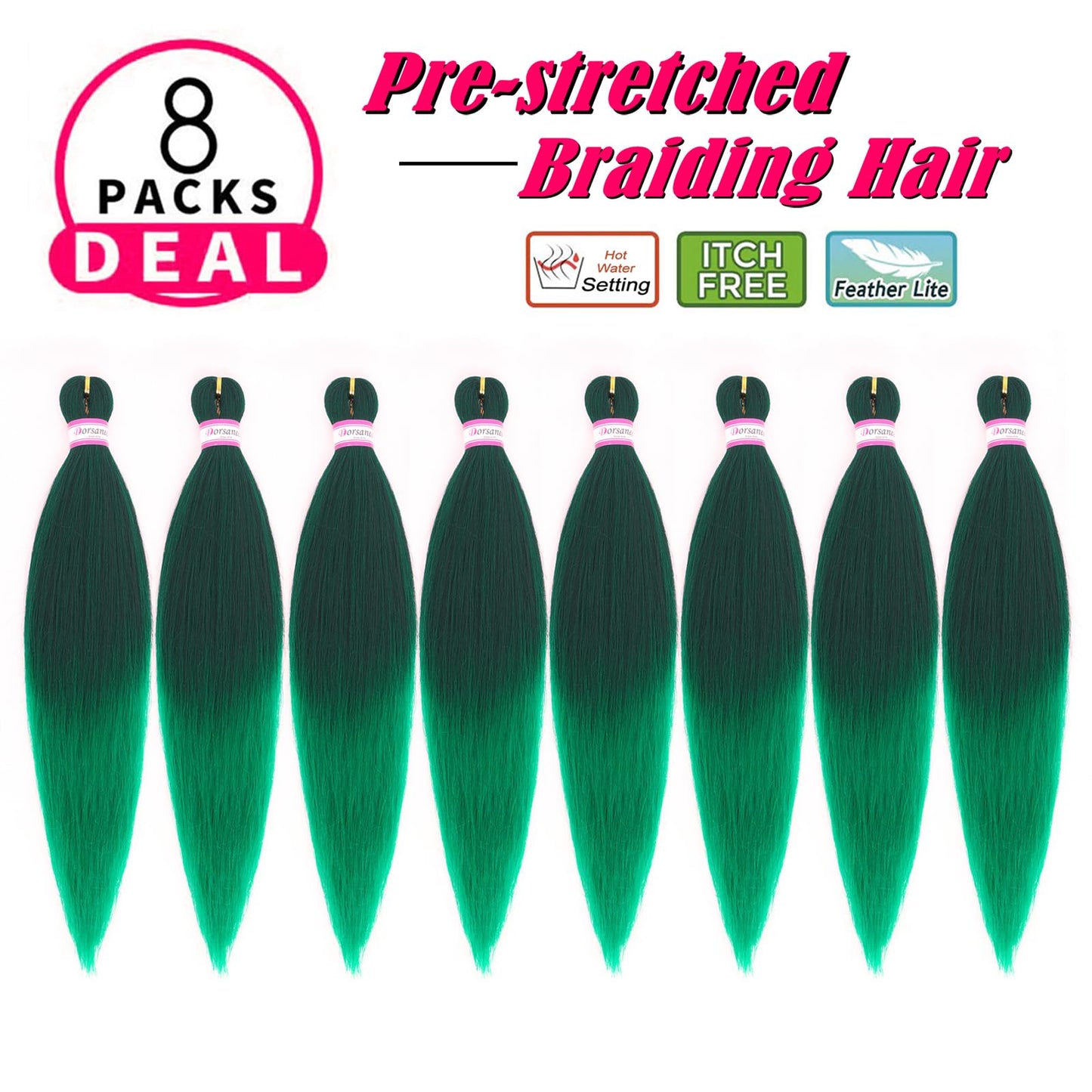 Dorsanee Braiding Hair Pre Stretched 20 Inch 8 Packs Ombre Green Braiding Hair Extensions for Crochet Box Braids Twists Locs Hair Soft Yaki Texture Hot Water Setting (20inch,#1B/Green)
