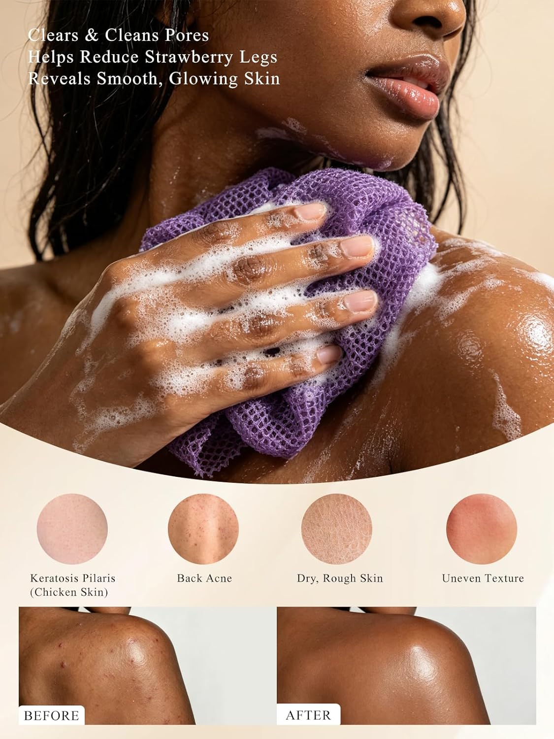 African Exfoliating Net Sponge - 4 Pack Authentic Body & Back Scrubber | Extra Long Bath Cloth for Smooth Skin