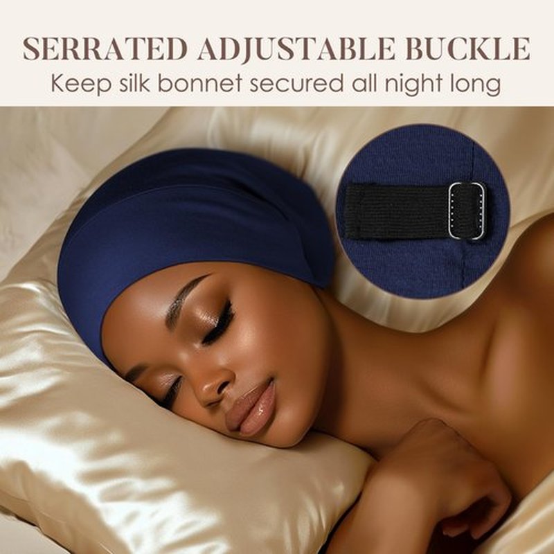 LULUSILK 100% Mulberry Silk Lined Sleep Cap Silk Bonnet for Sleeping, No More Frizzy Tangled Hair, Stay On All Night Adjustable Silk Hair Wrap for Sleeping, Navy Blue, Pack of 1
