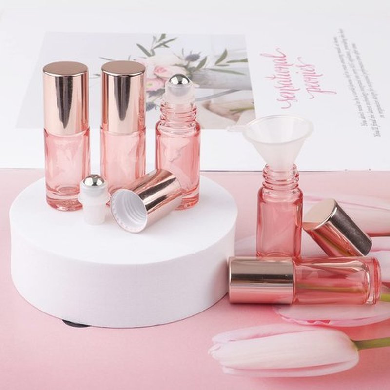 Kesell 14 Pack 5ml Roller Bottles Clear Pink Empty Refillable Glass Sample Vial with Stainless Steel Balls for Essential Oil Perfume Aromatherapy, 4 Funnels + 1 Opener