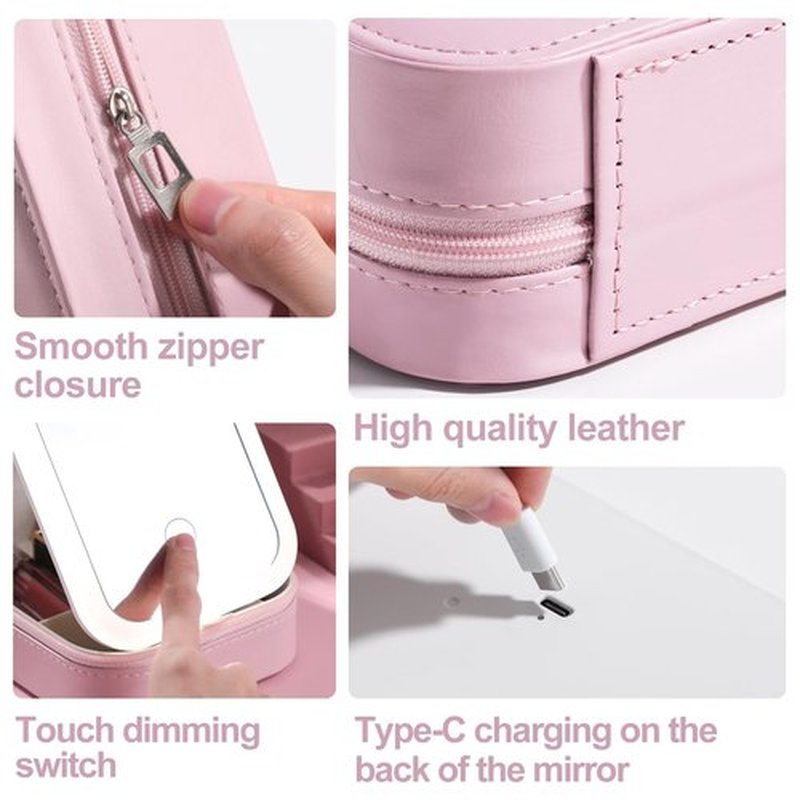 BS-MALL Travel Cosmetic Mirror Case LED Makeup Mirror Storage Case for Eyelash Station Makeup Brushes Cosmetic Tools Pink On-the-go Makeup Needs (Pink)