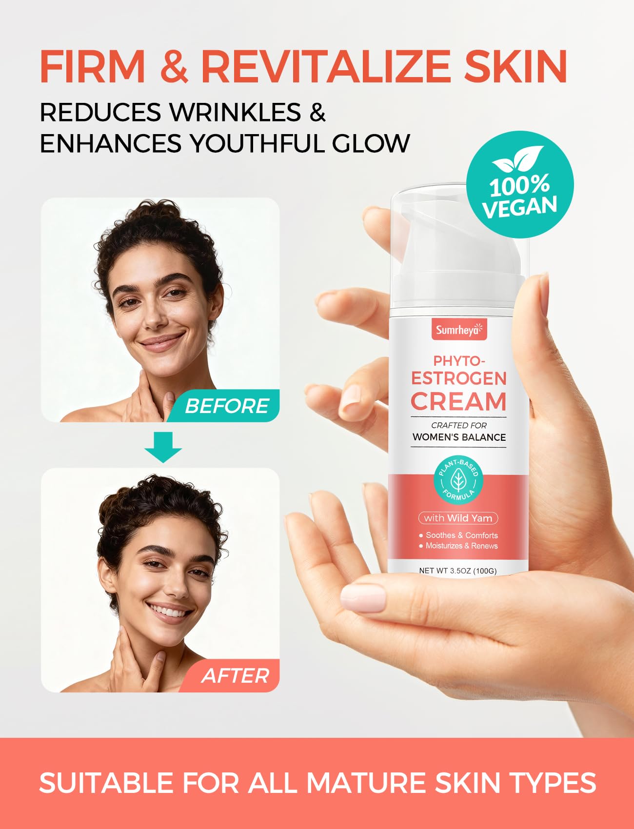 Sumrheya Natural Estrogen Cream for Women - Soothing Phytoestrogen Moisturizer with Wild Yam - Balancing Skin Cream for Menopause Support - Moisturizes, Firms & Revitalizes Dry, Sensitive Skin