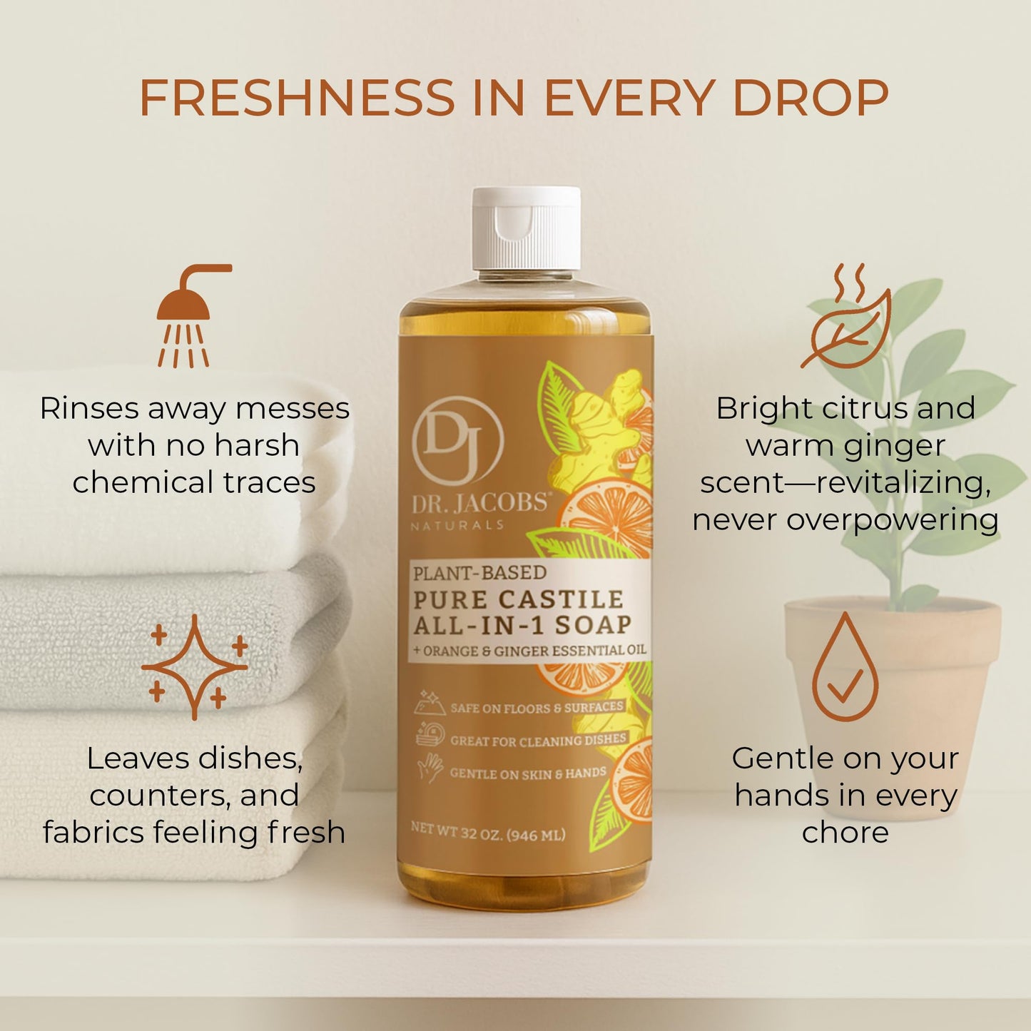 Dr. Jacobs Naturals Orange & Ginger Castile All-In-One Cleaner and Soap - Plant-Based Formula for House Cleaning Floors and Appliances - Gentle on Skin and the Planet - 32 oz, 1 Pack