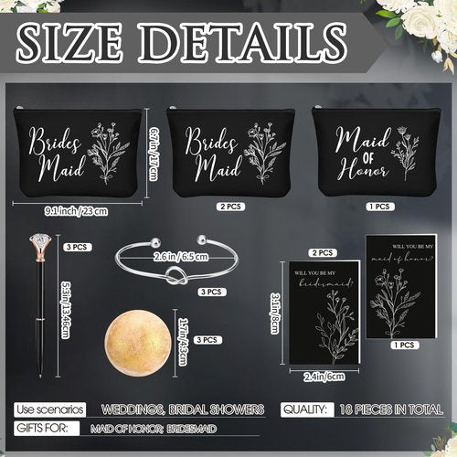 Skybooly 18 Pcs Bridesmaid Proposal Gifts Maid of Honor Gifts Including Brides Maid Glass Cup Makeup Bag Diamond Pen Bracelet Invited Cards for Wedding Party Favors(Black)