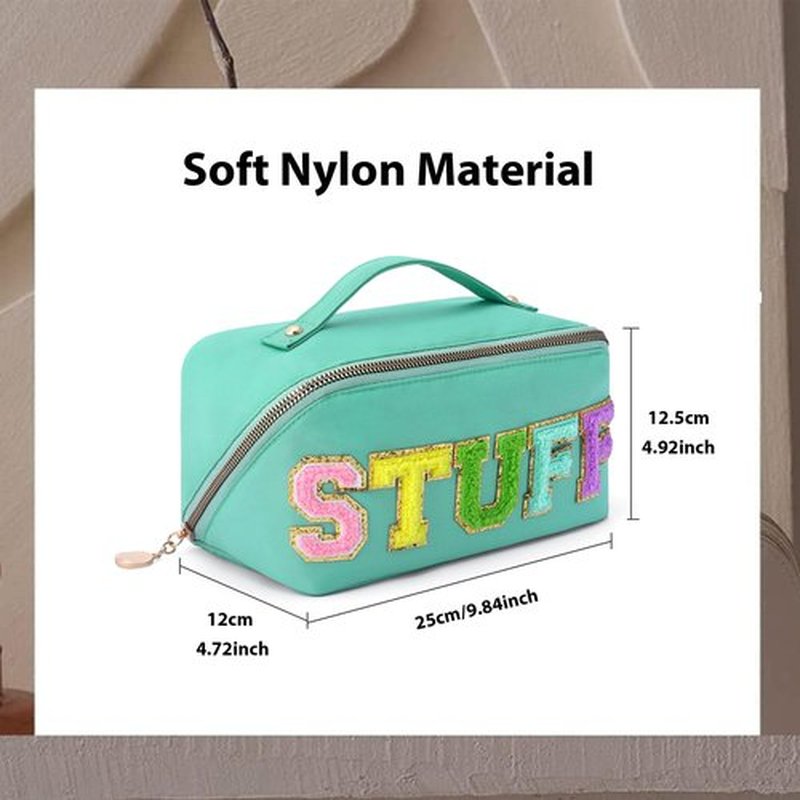 LONEDREAM 3Pcs Stoney Clover Preppy Makeup Bag, Stuff Bag Travel Makeup Cosmetic Bag, Chenille Letter Patch Open Flat Nylon Pouch, Mixed