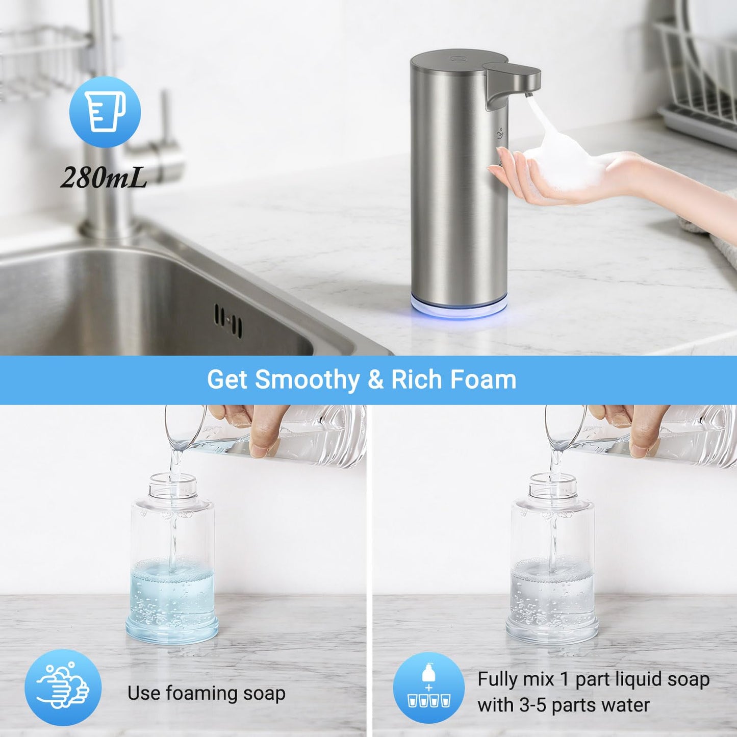 LAOPAO Automatic Foaming Soap Dispenser, Matte Stainless Steel Touchless Soap Dispenser with Self-Clean Mode, 1500mAh Rechargeable USB-C, IPX5 Waterproof Anti-Clogging Foam Pump for Kitchen & Bathroom