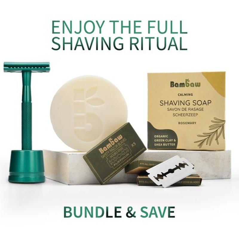 Bambaw Double Edge Close Comb Safety Razor with Stand, Shaving Razor for Men with 5 Safety Razor Blades, Reusable Eco Freindly DE Metal Razor – Sea Green