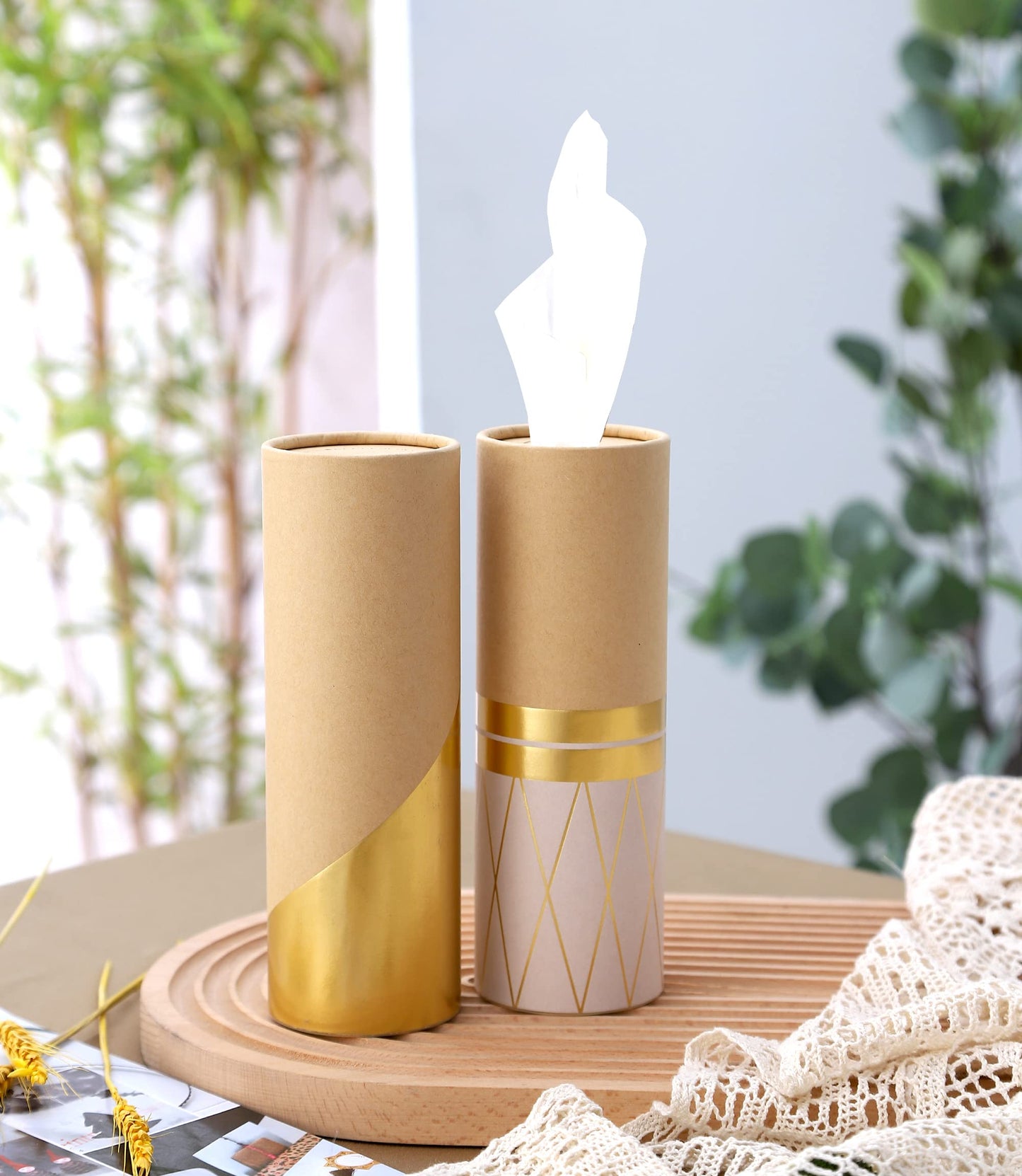 Car Tissue Holder with 3-ply Facial Tissues Bulk - 4 PK - Gold Foil Tissues Cylinder for Car Cup Holder, Travel Tissues, Refill Tissue Box Round Container Kraft