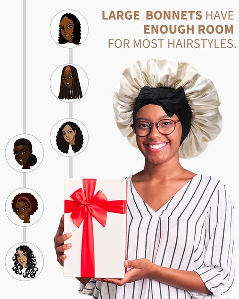 Satin Bonnet for Women Silk Bonnets for Sleeping Curly Hair Bonnet with Elastic Tie Band Reversible Double Layer Sleep Cap Hair Wrap (Black + Champagne)