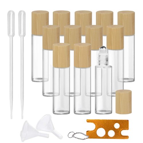 Glass Roll On Bottle with Bamboo Lid for Essential Oils, Creatiee Eco-friendly Refillable Clear Perfume Sample Bottles with Stainless Steel Roller Ball - Portable & Practical (12Pcs 15ml Clear)