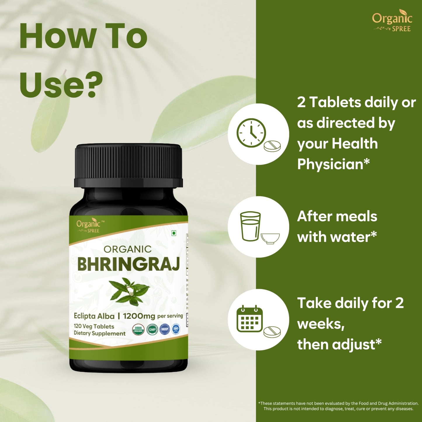 ORGANIC SPREE Bhringraj 120 Tablets - USDA Organic Bhringraj (Eclipta alba) Supplement, Supports Hair Nourishment* - Pack of 3