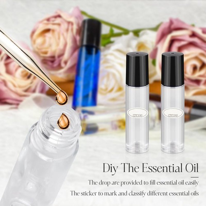 ZEJIA 10ml roller bottles for essential oils, 6 Pack Clear Roll on Bottles, Thick Glass Roller Bottles for Oils, with Stainless Steel Roller Balls, 2 Droppers