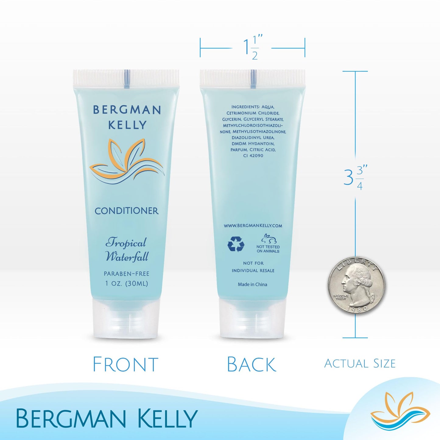Bergman Kelly - Hotel Toiletries Bundle - Tropical Waterfall, 1 oz each, 200 Pieces - 4-Piece Set: 50 Rectangular Bar Soap, 50 Shampoo, 50 Conditioner & 50 Body Lotion - Bulk Mini Guest Amenities