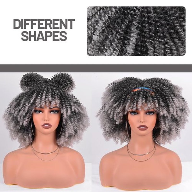 Vitorish Short Curly Afro Wig with Bangs 12 Inches Natural Afro Kinky Curly Synthetic Hair Wig about 280g/Piece No Glue Heat Resistant Hair Replacement Wigs (Ombre Grey)