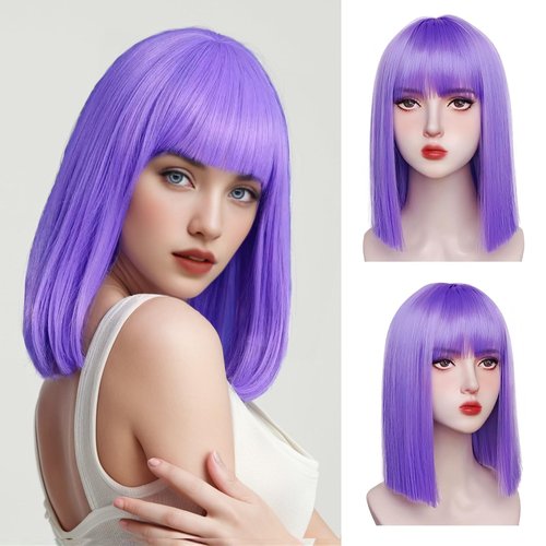 Purple Bob Wig with Bangs Short Lavender Purple Straight Wig for Women Heat Resistant Synthetic Natural Hair Wig Colorful Bob Wigs for Grils Daily Party Halloween Cosplay Use 13inch