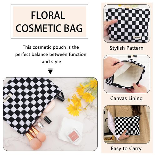 ZLFSRQ Checkered Makeup Bag for Women Girls Large Capacity Black Corduroy Travel Cosmetic Bag Set Makeup Pouch for Purse Zipper Toiletry Organizer Cute Y2K Aesthetic Trendy Makeup Brushes Storage Bag