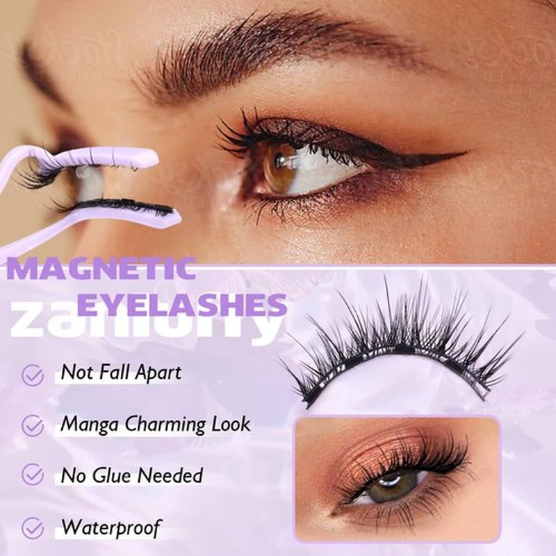 Magnetic Eyelashes Natural Magnetic Lashes Kit with Applicator Cat Eye No Glue Lashes Double Sided Magnetic Lashes Wispy Fairy Magnetic Eyelashes Kit by zanlufly
