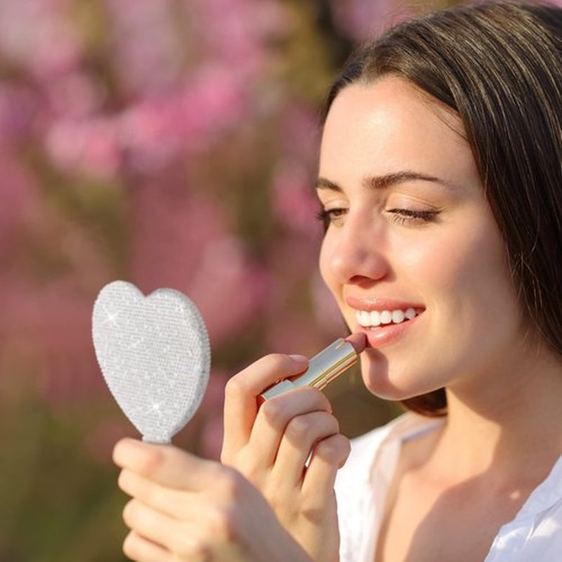 Tatuo 2 Pcs Rhinestone Mirror Handheld Bling Heart Lip Shaped Mirror Glitter Cosmetic Hand Mirror with Handle Portable Cute Travel Makeup Lash Mirror for Women Girls(Pink and White, Heart)
