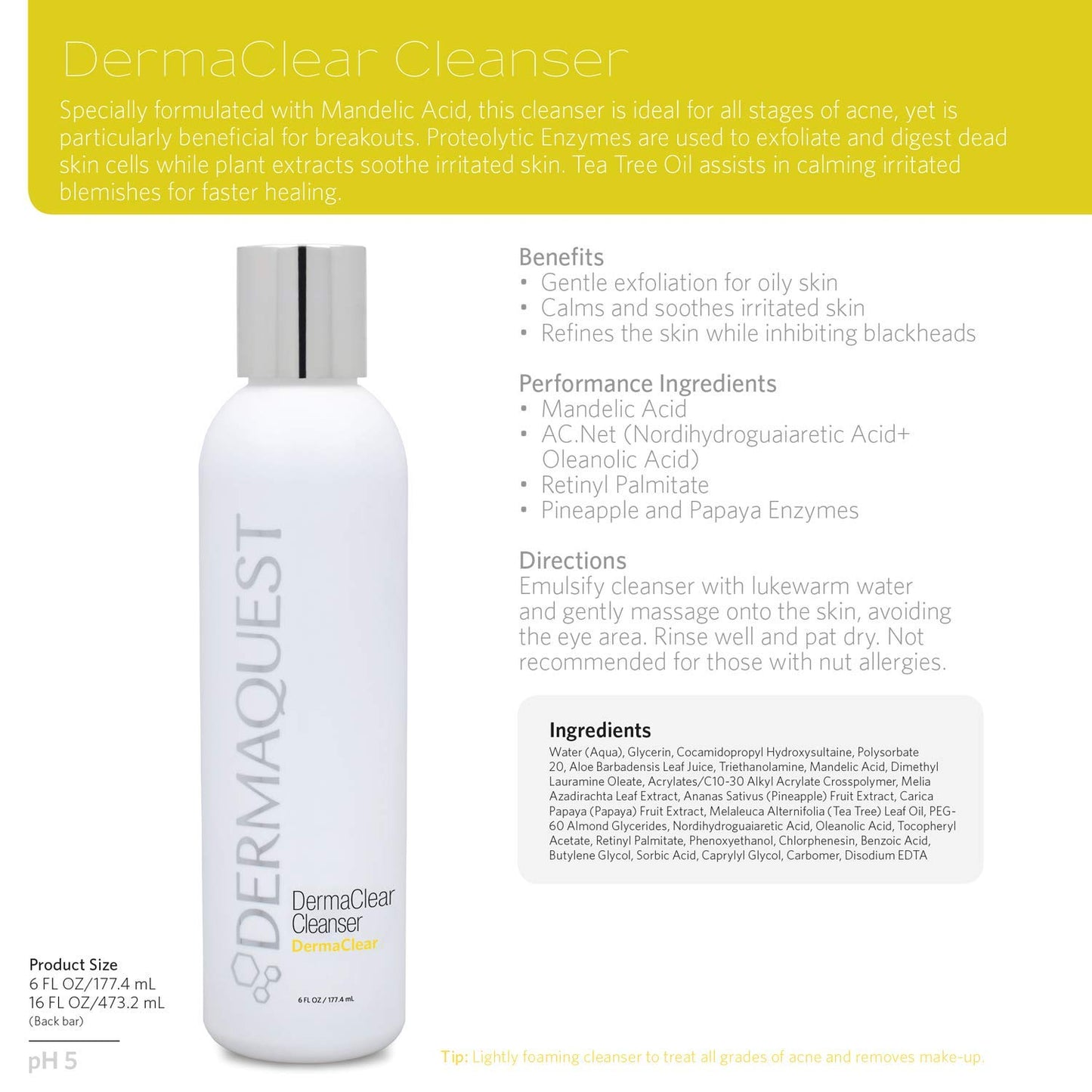 DermaQuest DermaClear Cleanser for Acne Breakouts - Acne Face Wash & Face Exfoliator with Mandelic Acid and Tea Tree Oil (6 oz.)