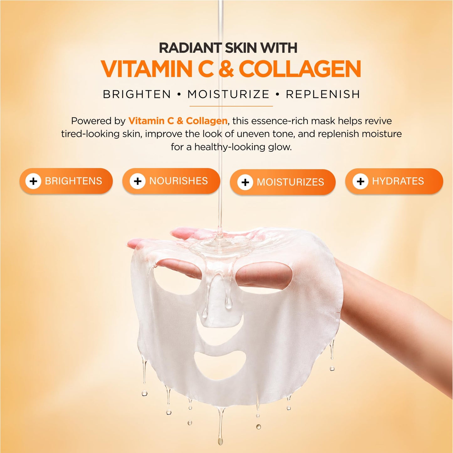 Vitamin C & Collagen Korean Sheet Masks, Dermatologist Tested - 5 Pack