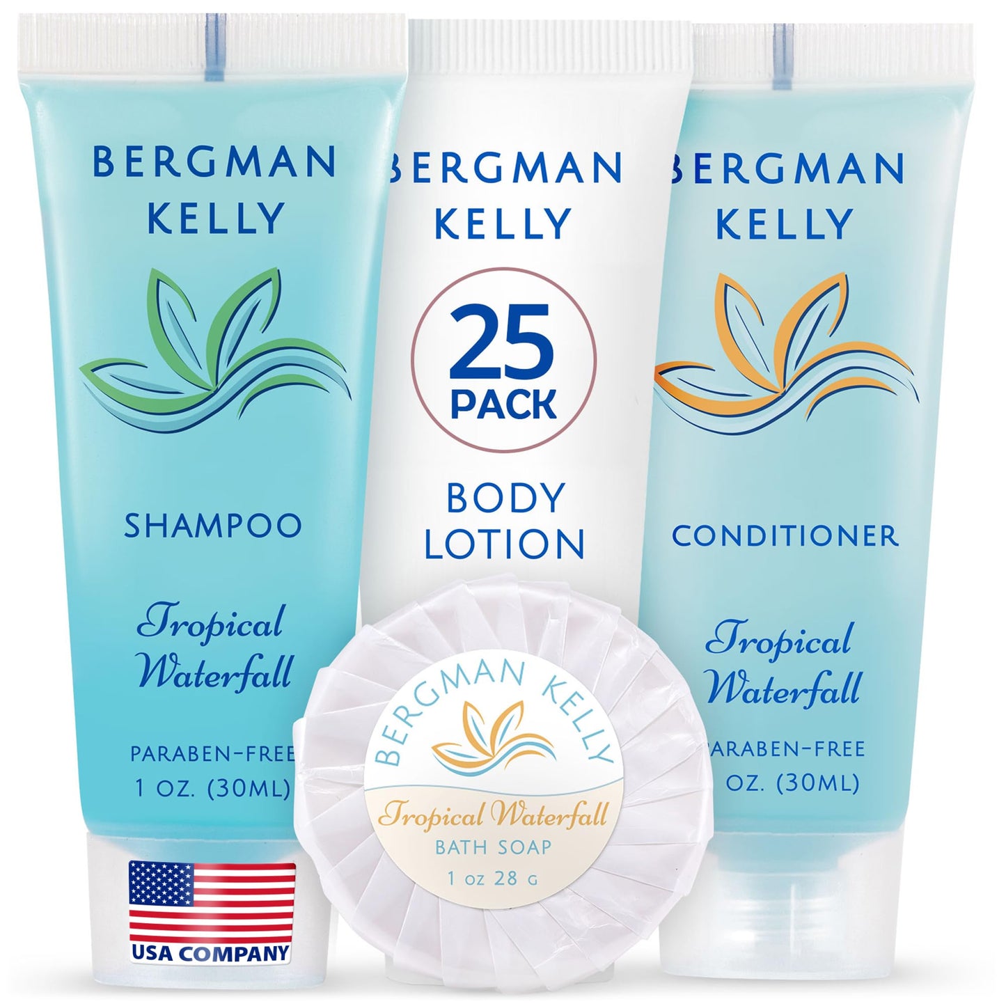 Bergman Kelly - Hotel Toiletries Bundle - Tropical Waterfall, 1 oz each, 100 Pieces - 4-Piece Set: 25 Round Bar Soap, 25 Shampoo, 25 Conditioner & 25 Body Lotion - Bulk Mini Guest Amenities Supply