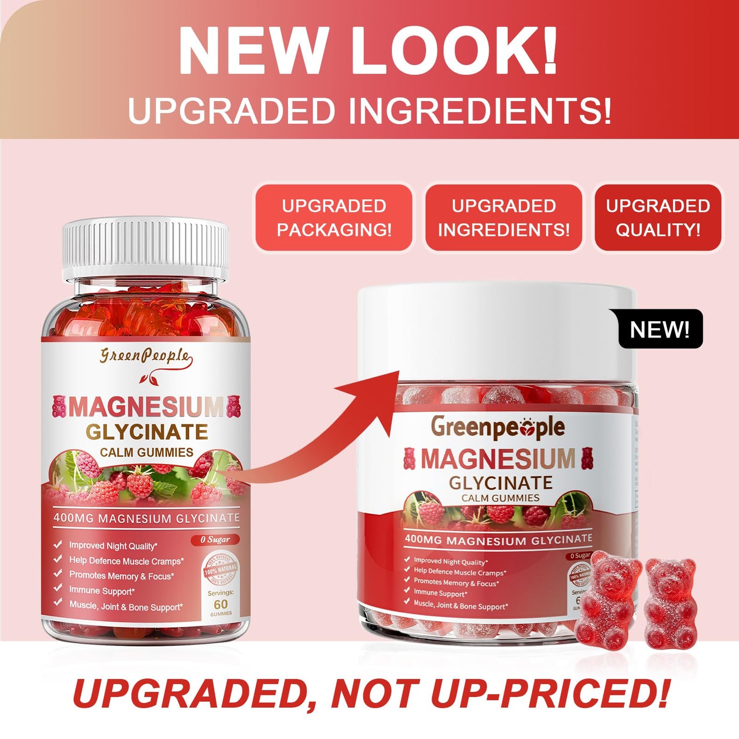 GREENPEOPLE Magnesium Glycinate Gummies 400mg - Sugar Free Magnesium Supplement with Magnesio Citrate, Vitamin D, and B6 for Calm Support & Sleep for Adults - High Absorption - Raspberry Gummies