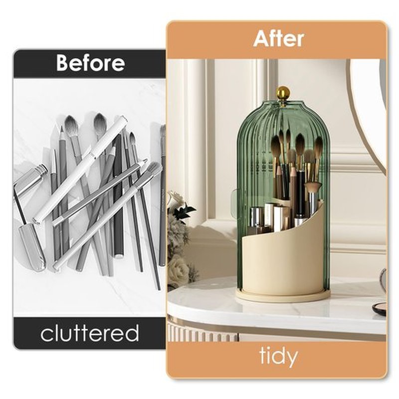 YOOLENS Makeup Brush Holder Organizer with Lid,360 Rotating Clear Dustproof Makeup Brushes Organizer for Vanity Desktop Bathroom Countertop, Green Beige