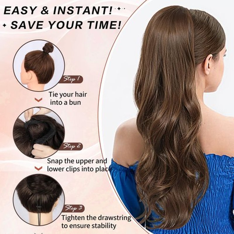 CHRSHN Ponytail Extension, Drawstring Ponytail Extension for Women 23 Inch Long Wavy Light Brown Pony Tails Hair Extensions Synthetic Clip in Ponytail Hairpiece for Women