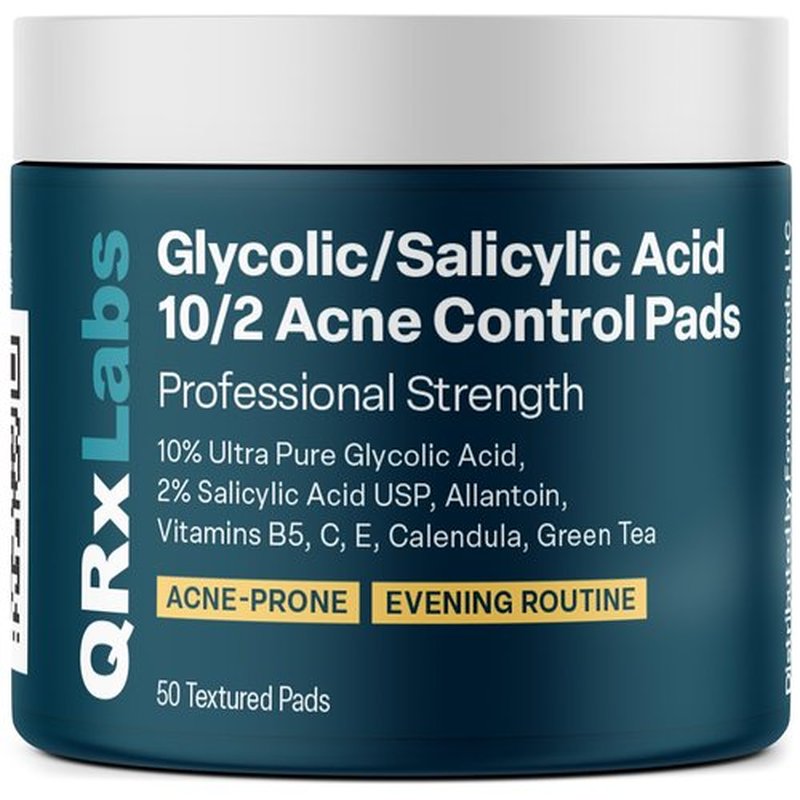 QRxLabs Glycolic/Salicylic Acid 10/2 Acne Control Pads w/ 10% Ultra Pure Glycolic Acid + 2% Salicylic Acid, Allantoin, Vitamin B5, C & E, Calendula & Green Tea - Acne Treatment for Face for Clear Skin