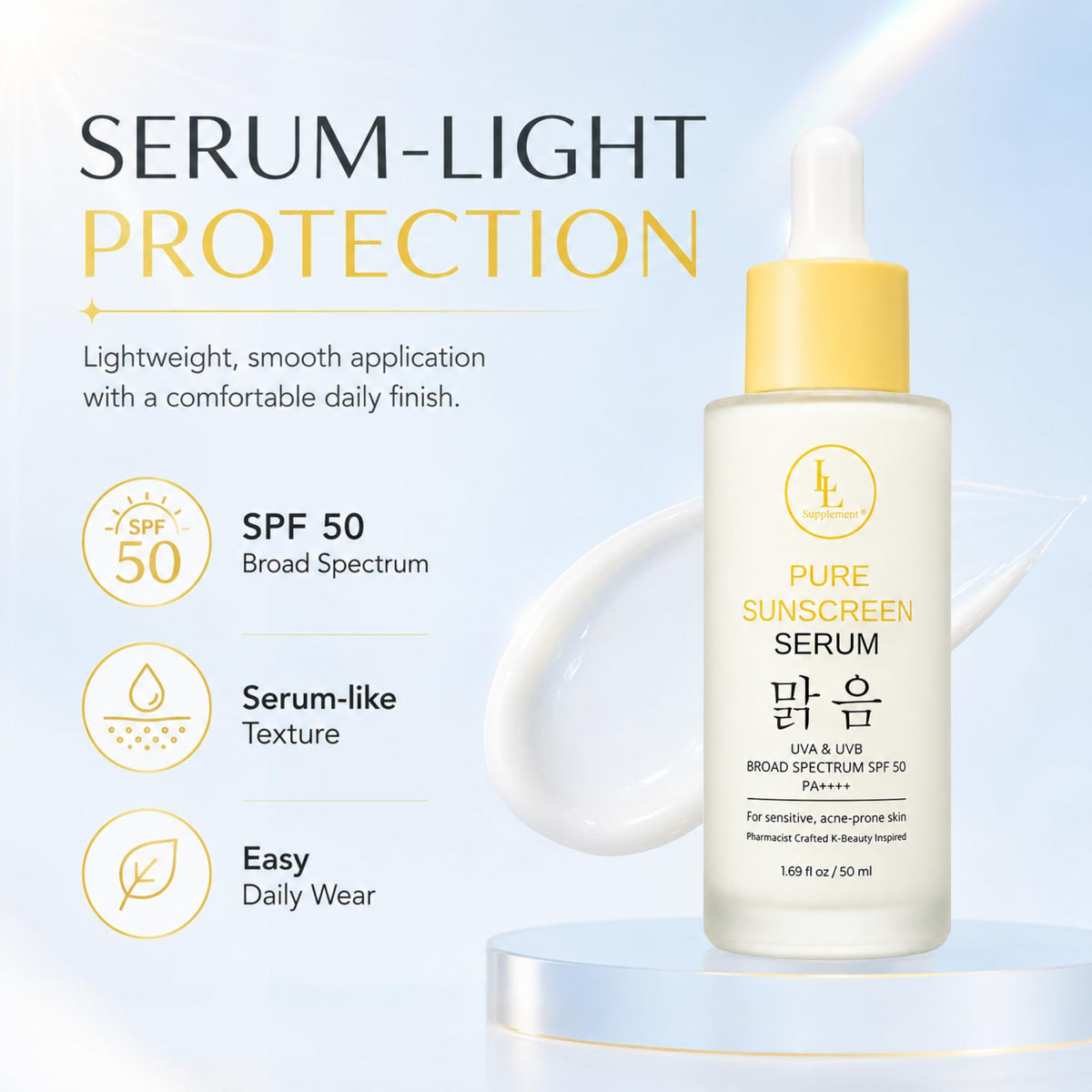Pure Sunshine Serum SPF 50 | Pharmacist-Formulated Hydrating Face Sunscreen & Primer | Niacinamide Hyaluronic Acid + Vitamin B5 | Invisible Broad Spectrum UV Defense for Oily Sensitive Skin | 1.7 oz